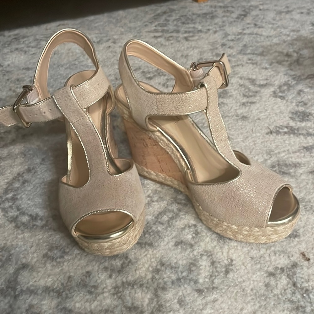 Really cute gold shimmer, cork wedges. Like new, size 7 Brand: Antonio Melani